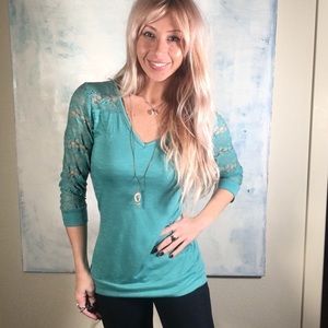 Pretty Turquoise lace sleeve top